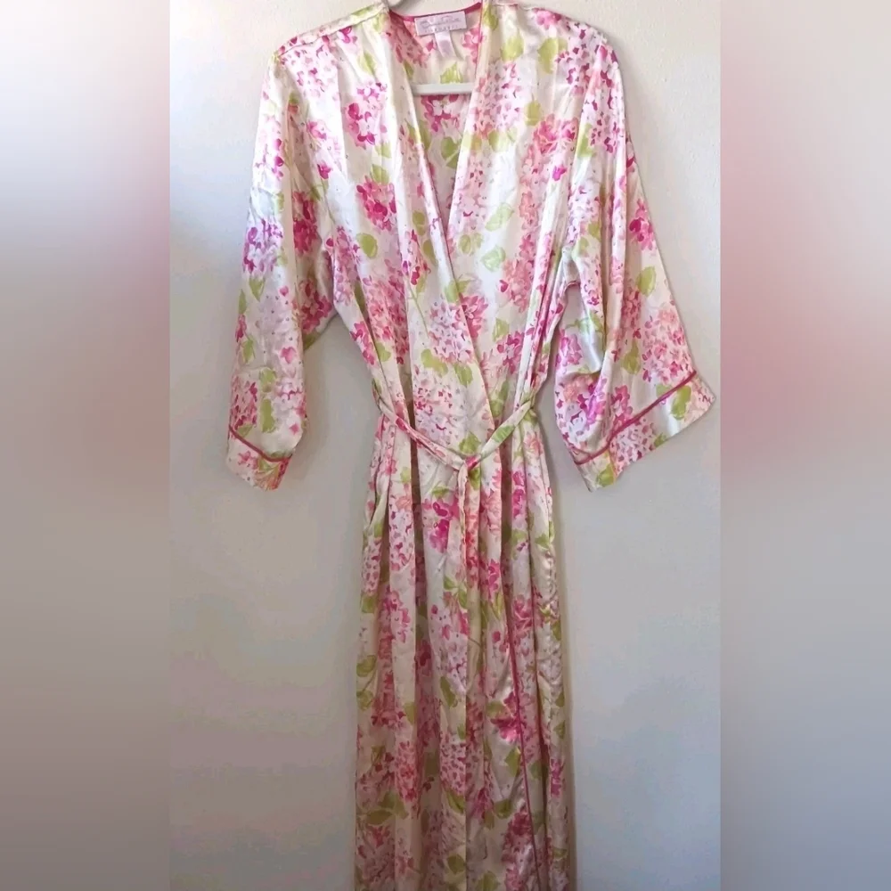 Oscar De La Renta Pink Label Sz XL Pink & Green Floral Long Satin Robe - Picture 1 of 5
